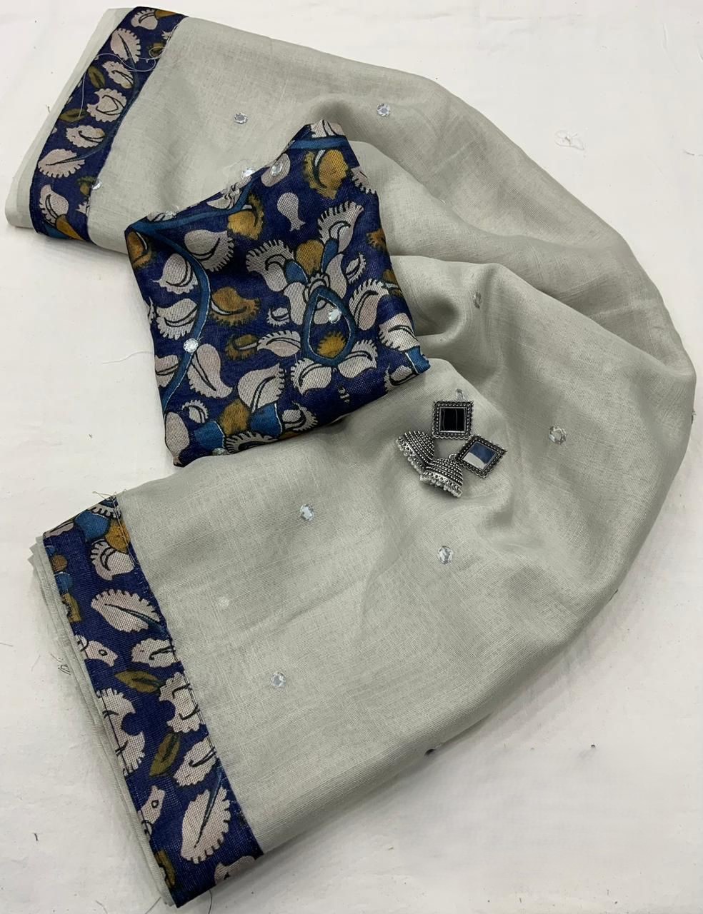 kalamkari printed jute Linen Elegance Saree with aari mirror work.